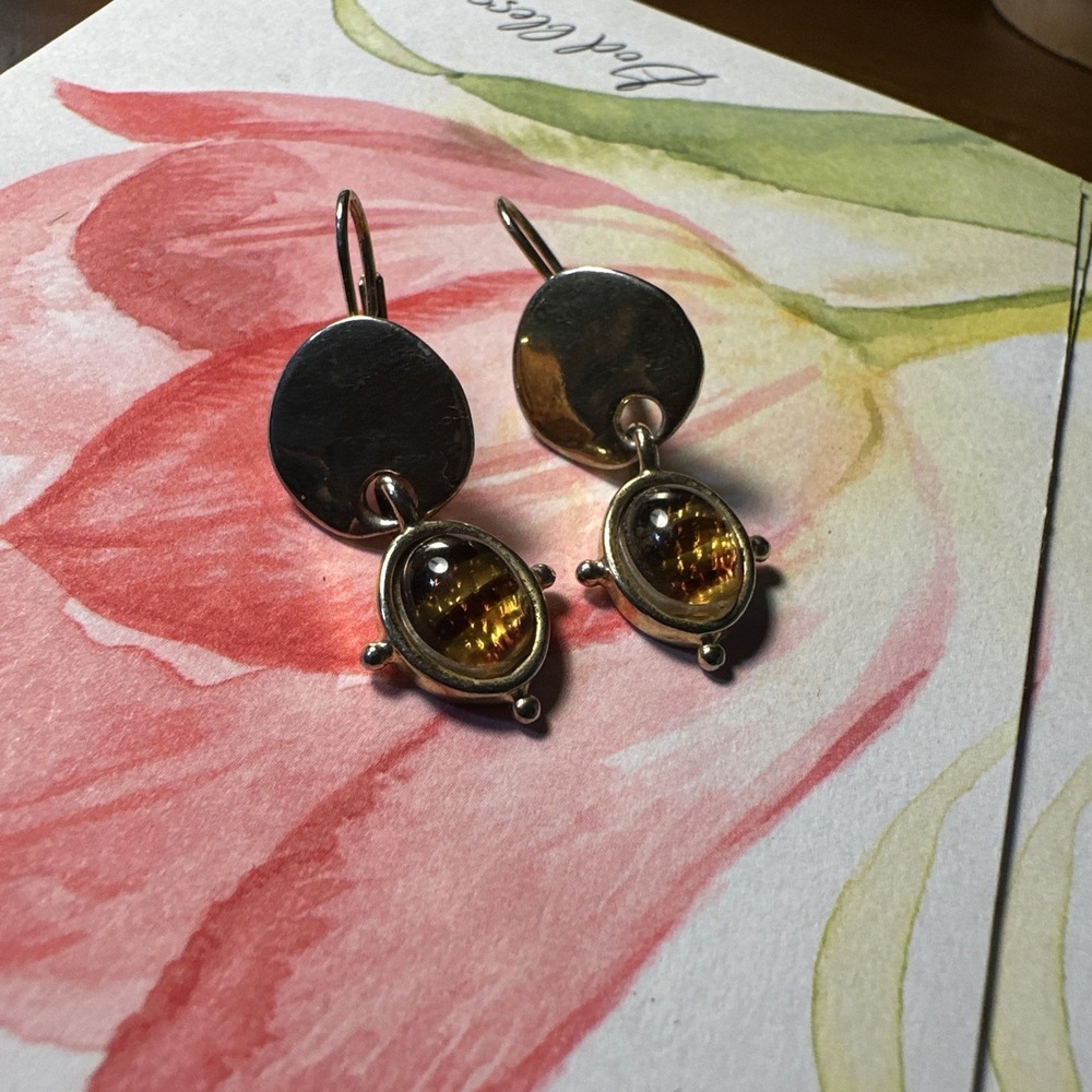 Vintage C. Stein Gold Tone Dangle Earrings Amber, Cats Eye Modernist Art Jewelry